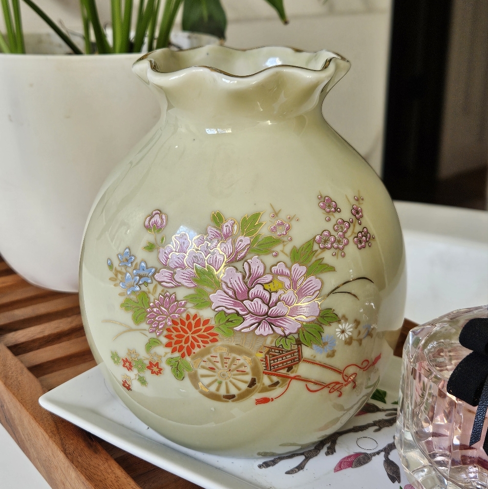 Vintage Japan Ceramic Vase light green gold floral Especially For Sophia-Ann